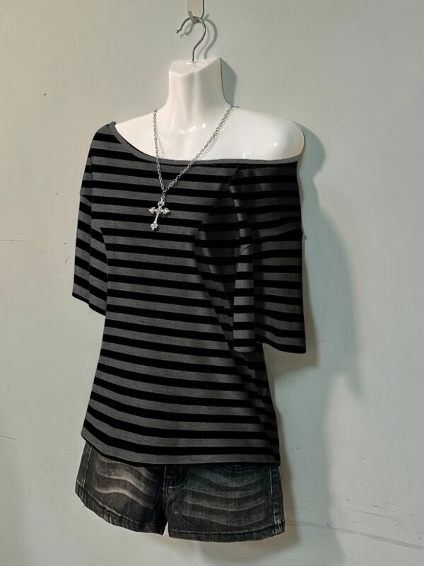 Stylish Striped Gothic Off-Shoulder T-Shirt