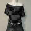 Stylish Striped Gothic Off-Shoulder T-Shirt