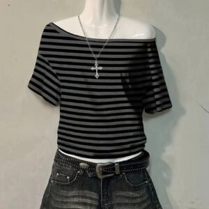 Stylish Striped Gothic Off-Shoulder T-Shirt