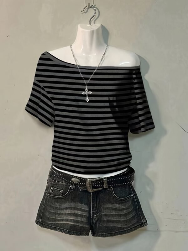 Stylish Striped Gothic Off-Shoulder T-Shirt