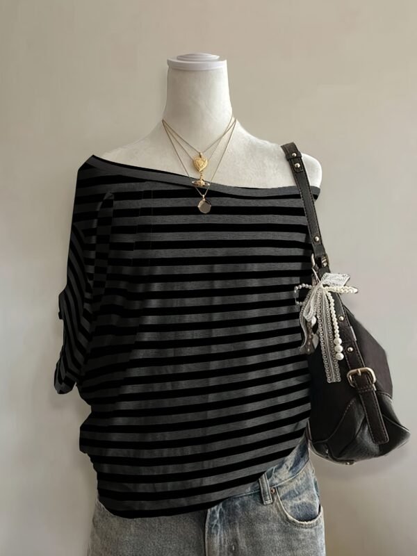 Stylish Striped Gothic Off-Shoulder T-Shirt