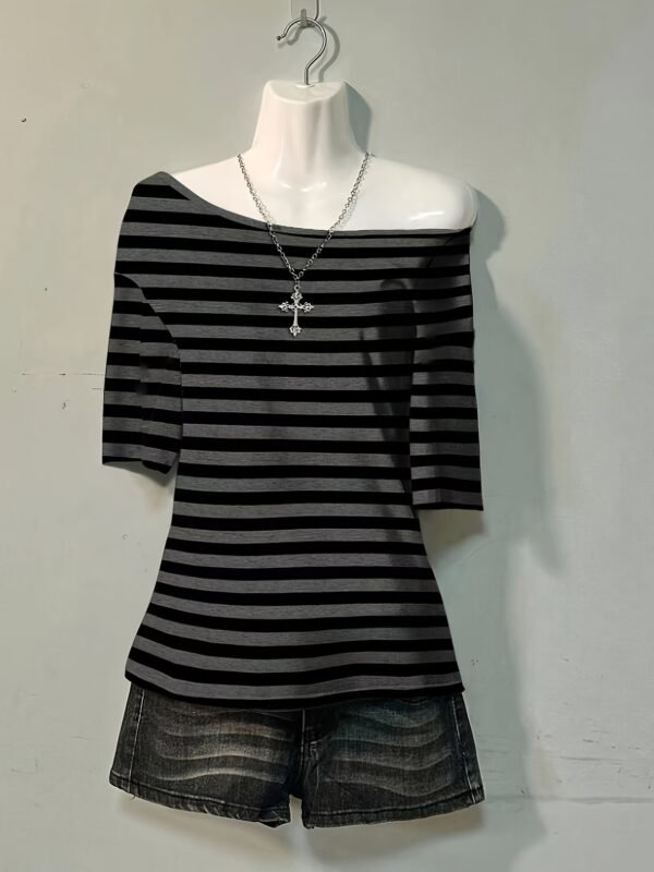Stylish Striped Gothic Off-Shoulder T-Shirt