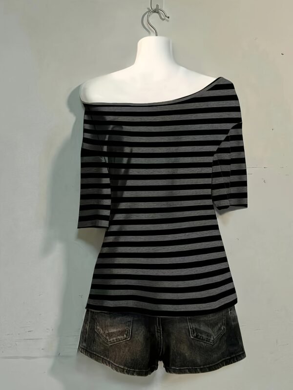 Stylish Striped Gothic Off-Shoulder T-Shirt
